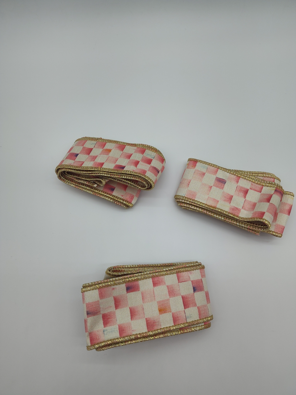 MACKENZIE-CHILDS Rosy Check Wired Ribbon Remnant Bundle 3 Cuts Nearly 6 Yards